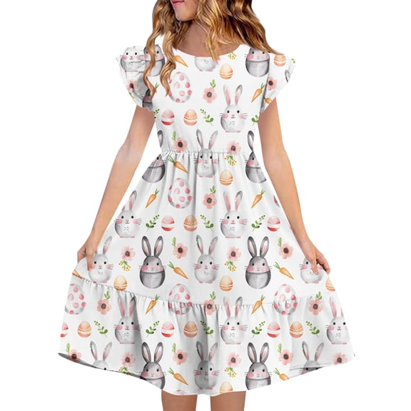 Girls Easter Dress Flutter Sleeve Tiered Ruffle Hem A-Line Bunny & Floral Print Polyester Spring Church Dress Multicolor for Kids Ages 5-14,Size 9 T