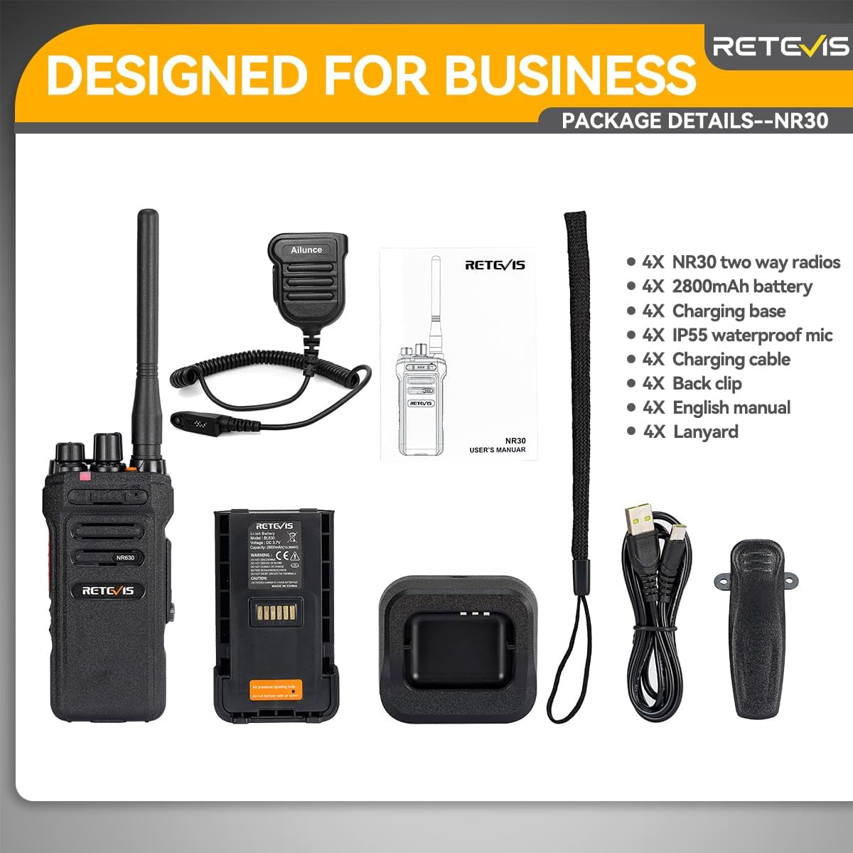 Retevis NR30 Two Way Radio,IP67 Waterproof Walkie Talkies Long Range,2800mAh,Group Call,Noise Cancelling,High Power Long Distance Heavy Duty 2 Way Rad
