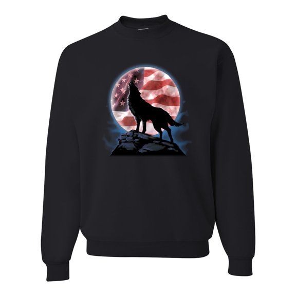 Wild Bobby, USA Howling Wolf Pride, Americana/American Pride, Unisex Crewneck Graphic Sweatshirt, Black, Small