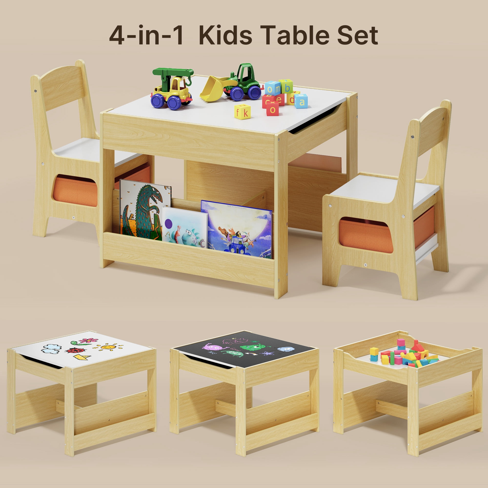 Kid's Table and Chair Set, Asofer 4-in-1 Kids Set with Bookshelves Storage Drawer, Removable Desktop for Drawing Playing Studying Eating, White/Gray