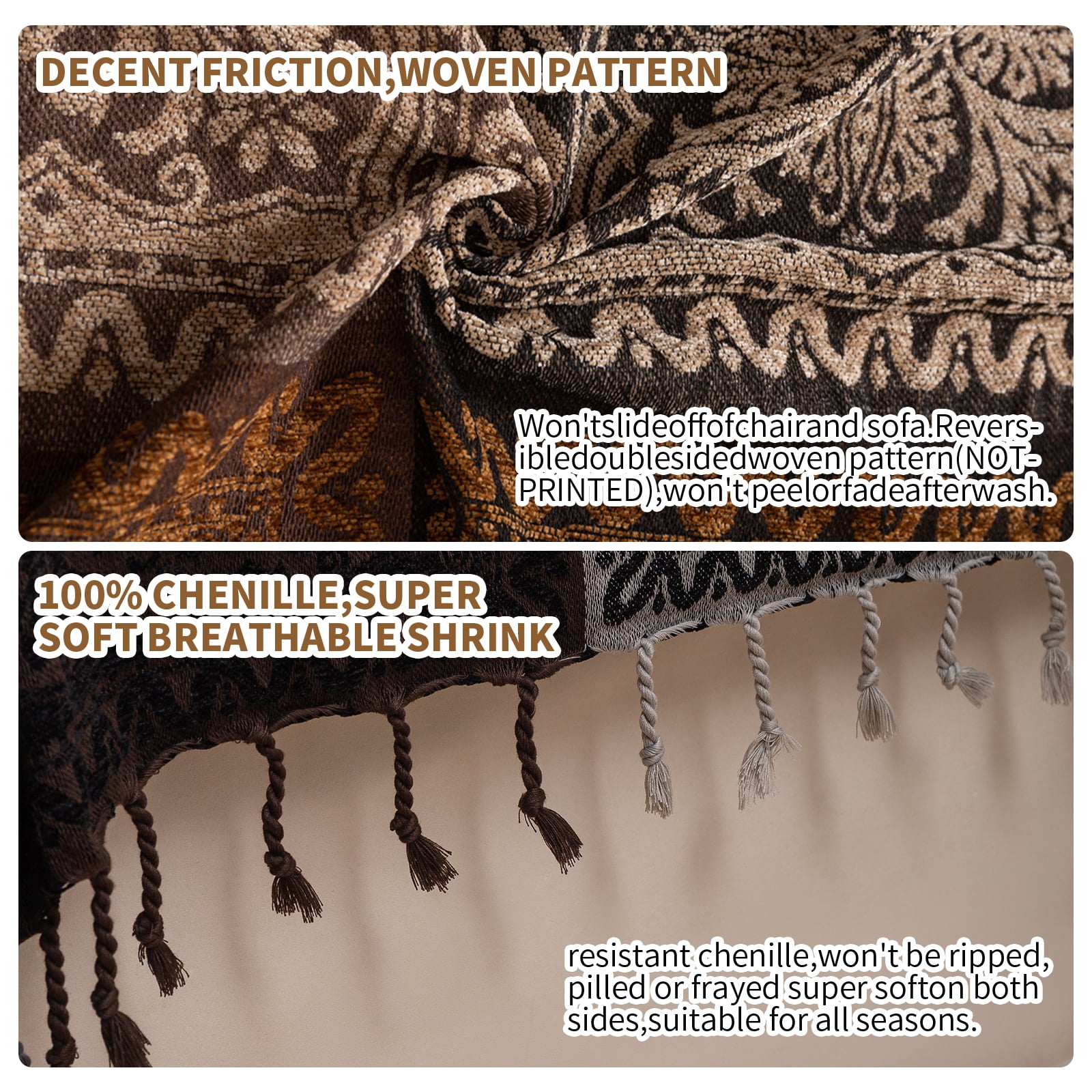 Boho Throw Blanket, Chenille Jacquard Tassels Throw Blankets for Bed Couch Soft Chair， Bohemian Fringe Tassels (Black, Large 86 * 102Inches)