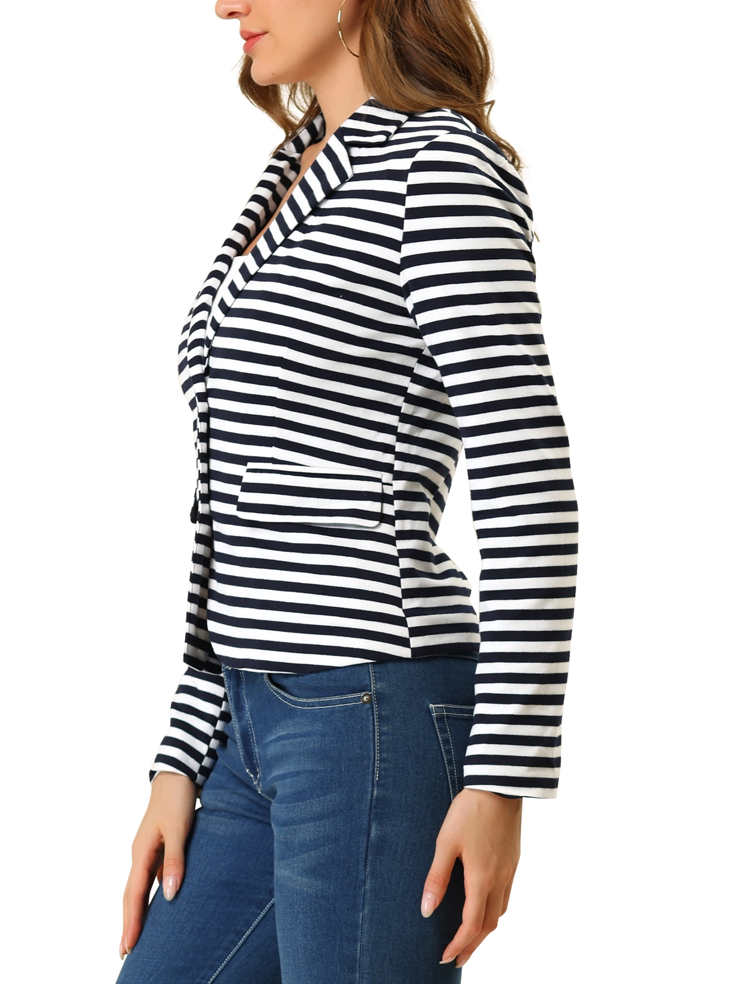 DARING DIVA Women's Striped Notched Lapel Button Closure Blazer L White Navy