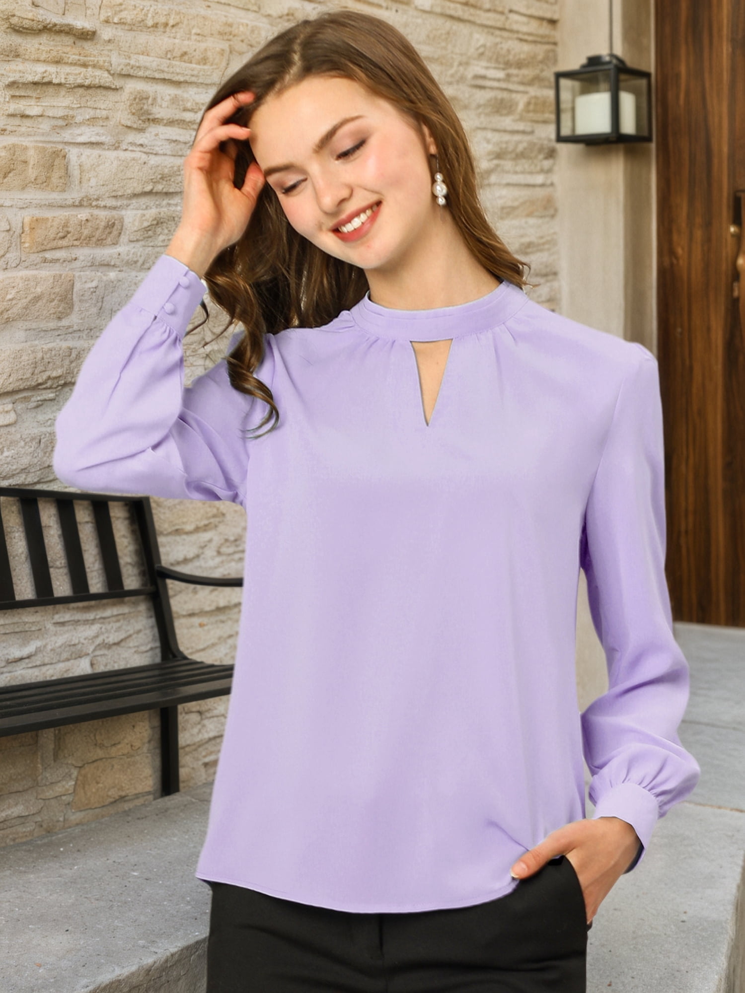 DARING DIVA Women's Stand Collar Long Sleeve Office Blouse 3XL Light Purple