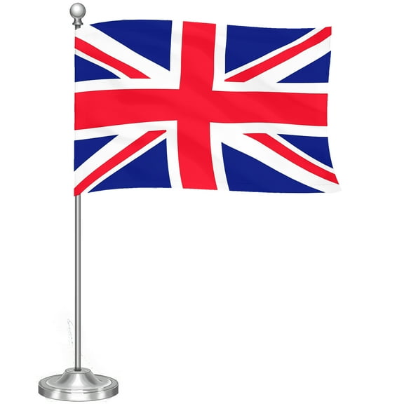 G128 United Kingdom UK Deluxe Desk Flag Set | 8.5x5.5 In | Printed 300D Polyester, with Silver Dome and Base, 15" Metal Pole, Decorations For Office, Home and Festival Events Celebration