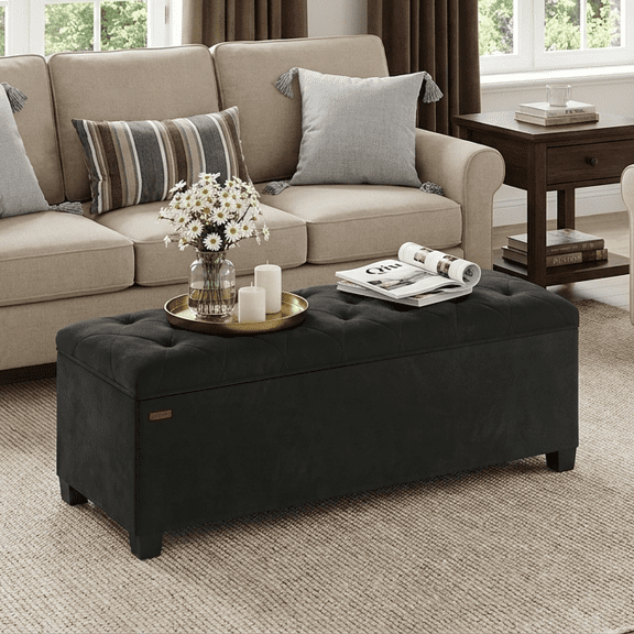 LEDREM Velvet Storage Ottoman Bench with Removable Cover, 43-Inch Long Foot Rest Stool for Bedroom Living Room, Holds 660 lbs, Ink Black