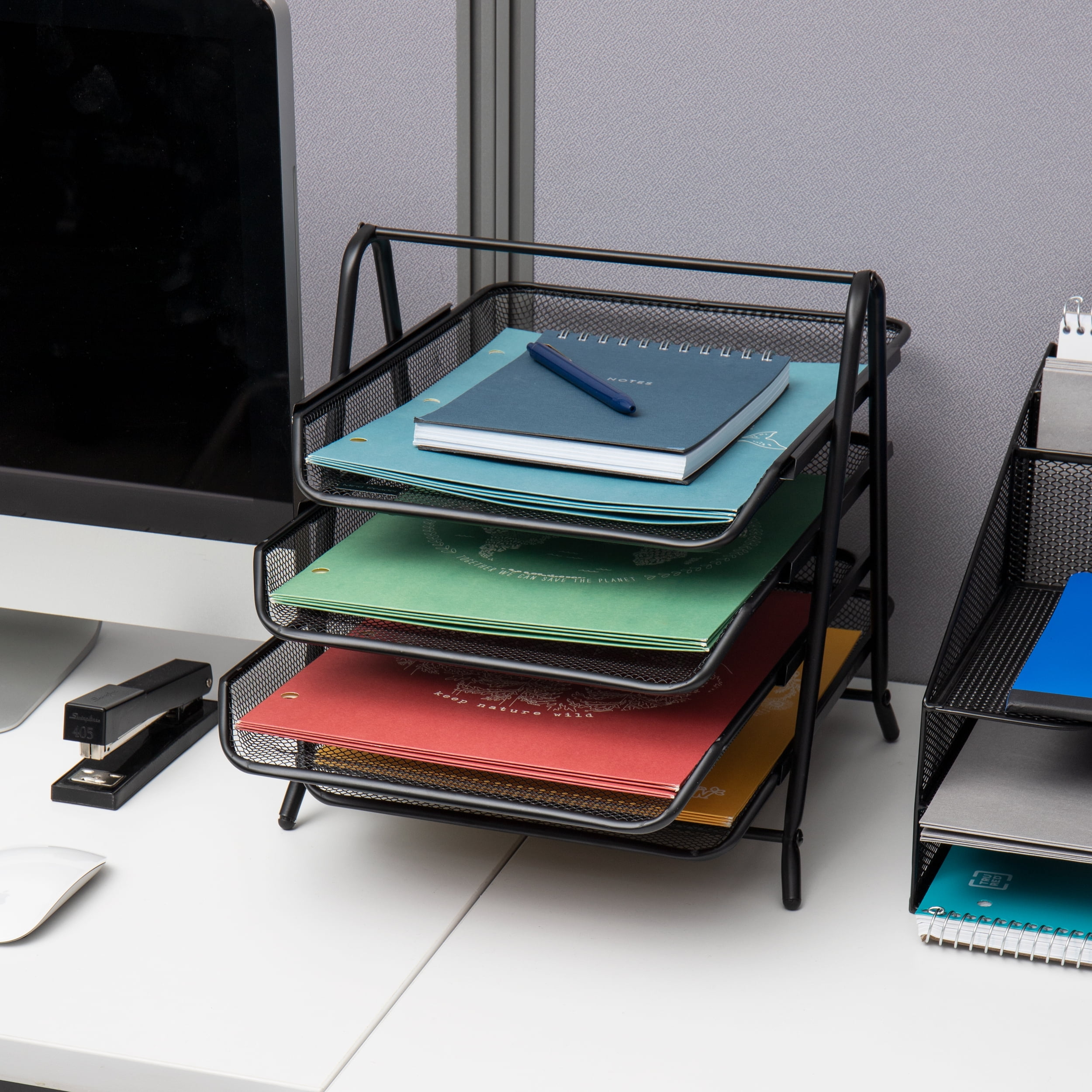 Mind Reader 4-Tier Paper Tray, Desktop Organizer, File Storage, Office, Metal, Pack of 2, Black