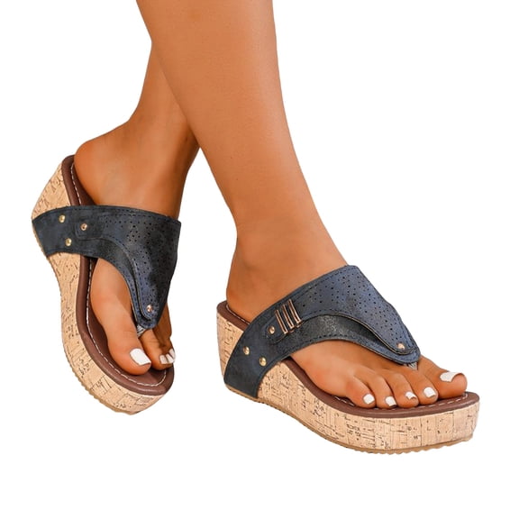 Rokment Womens Vintage Leather Platform Wedges Flip Flops Beach Vacation Casual Orthopedic Slip on Dress Sandals Chunky Heeled Thongs Slides for Woman Blue Size 6