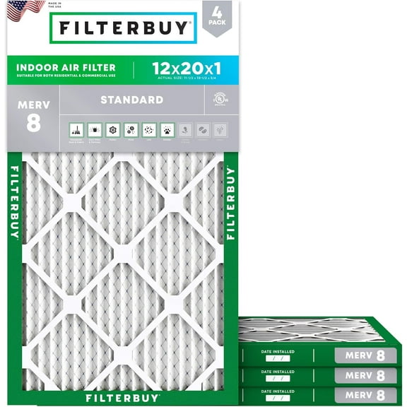 Filterbuy 12x20x1 MERV 8 Dust Defense, Pleated HVAC AC Furnace Air Filters (4-Pack)