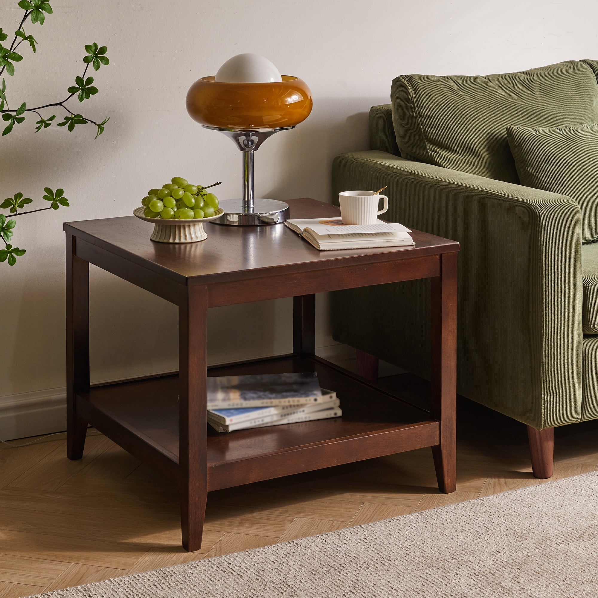 Leumius 2-Tier End Table Wooden Square Side Table with Storage Shelf,20"W Nightstand for Living Room Bedroom,Walnut