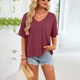 thumbnail image 2 of idosla Oversized Cropped Tshirts for Women Short Half Sleeve V Neck Tops Summer Flowy Split Hem Basic Tee Shirts (Wine, S), 2 of 6