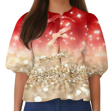 ameIAEA Womens Lace Up Front Tops Summer Puff Sleeve Cute Blouses Print Babydoll Shirts 2024