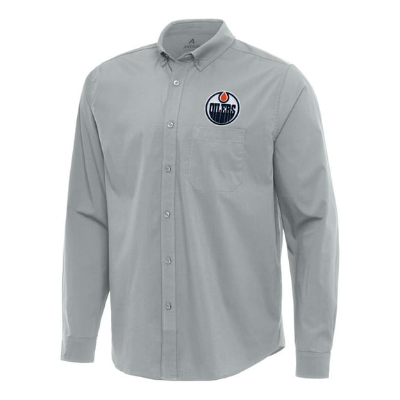 Men's Antigua Gray Edmonton Oilers Flight Woven Tri-Blend Long Sleeve Button-Down Shirt