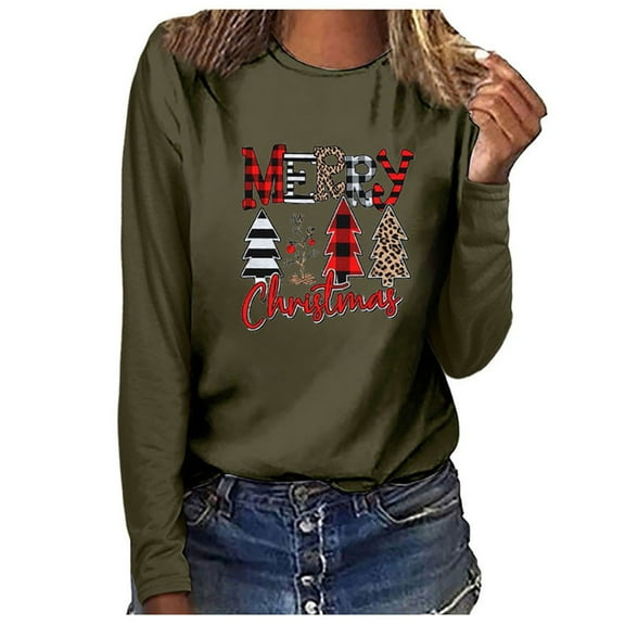 Merry Chrismas Shirt for Women Classic Buffalo Plaid Leopard Print Long Sleeve Tees Crewneck Casual Travel Xmas Tops
