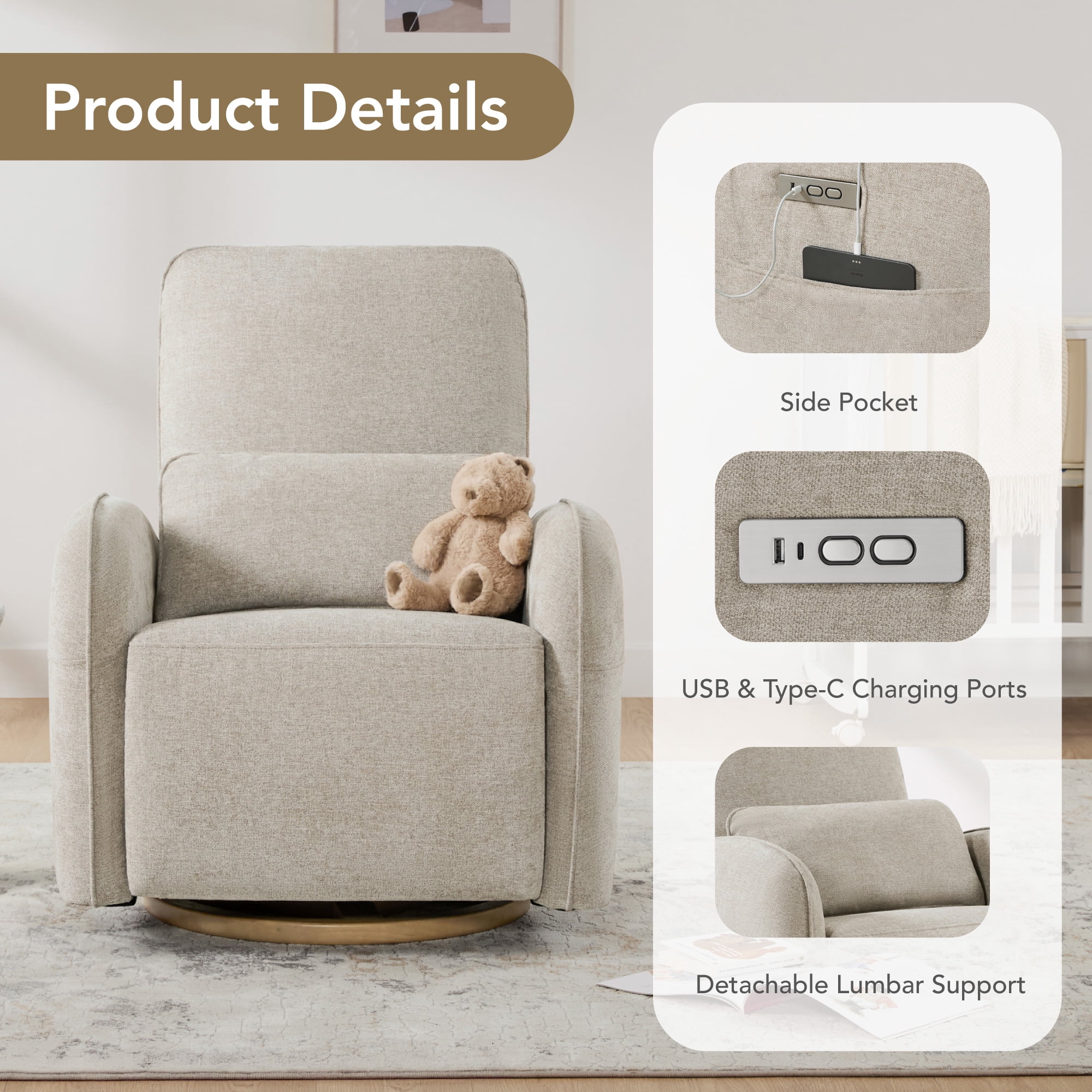 Spruce & Spring Power Swivel Nursery Glider Recliners with Lumbar Pillow and Charging Port, Khaki