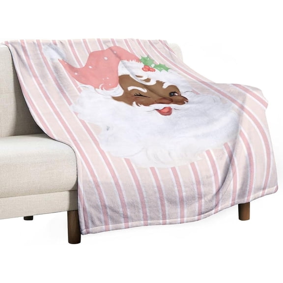 Blush Pink Vintage Winking Black Santa Christmas Throw Blankets Christmas Birthday American National Flag Decor Eagle Lovers Gifts for Home Bed Couch 60"x80"