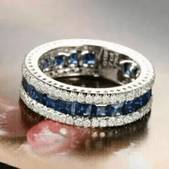 Princess Blue Sapphire Men's Wedding Band Ring in 925 Sterling Silver- Engagement Band