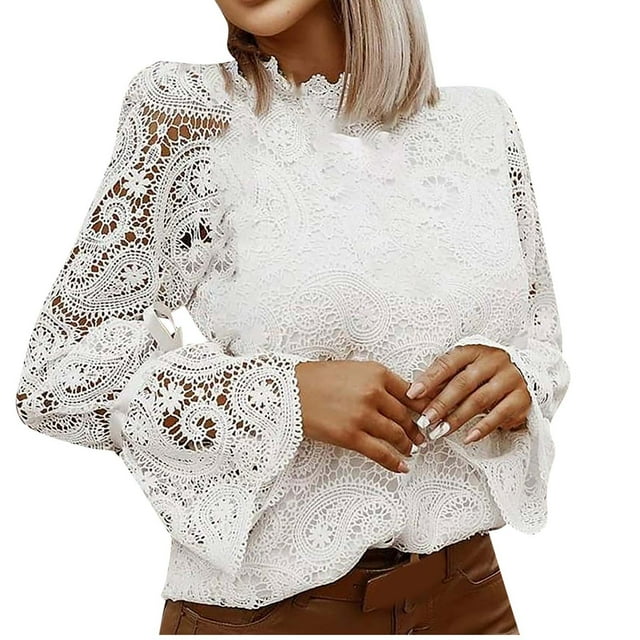 Pompotops Mode Dames Sexy Manches Longues Dentelle Solide Femmes Blouse Libre Debout Col