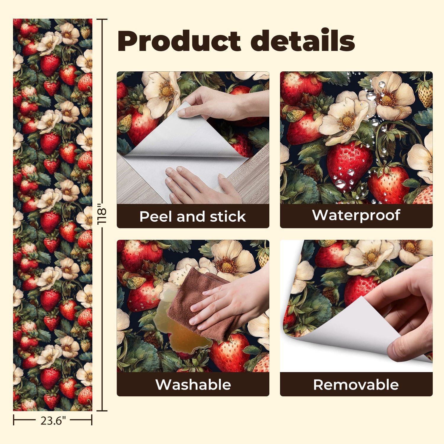 Peel and Stick Wallpaper 23.6in x 9.8ft Vibrant Strawberry Blossom Floral Intricate Detailing Contact Paper Vinyl Self-Adhesive Removable Wall Paper for Bedroom Kitchen Cabinet Décor Renter Friendly