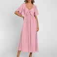 thumbnail image 5 of Munlar Womens V Neck Sundress A-line Pink Flowy Short Sleeve Midi Dress Summer Ruffle Dress for Women, 5 of 9