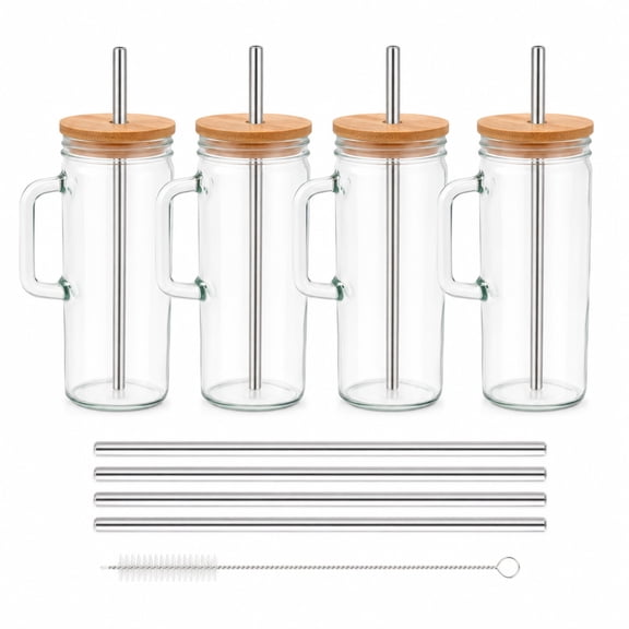 4-Pack Glass Tumblers with Handles, Bamboo Lids, Stainless Steel Straws & Cleaning Brush