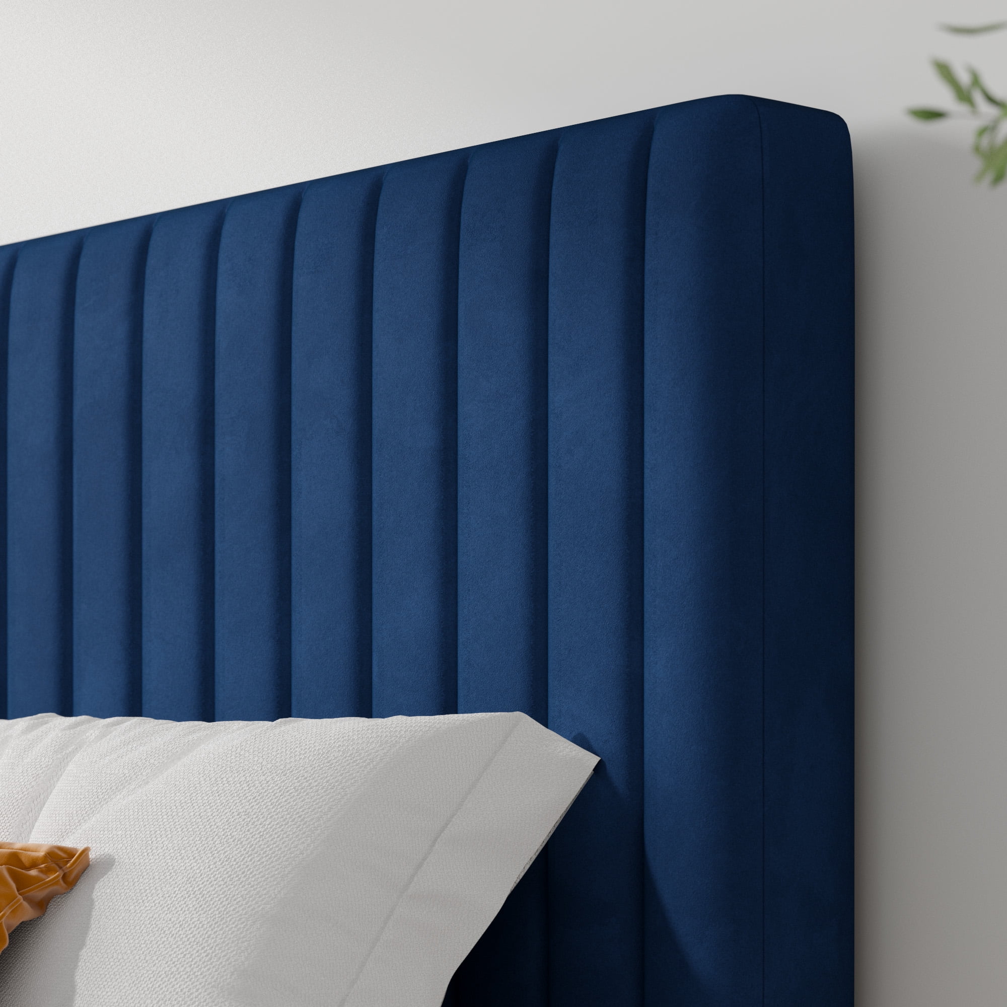 Allewie Queen Size Velvet Upholstered Platform Bed Frame with Adjustable Vertical Channel Tufted Headboard, Navy Blue