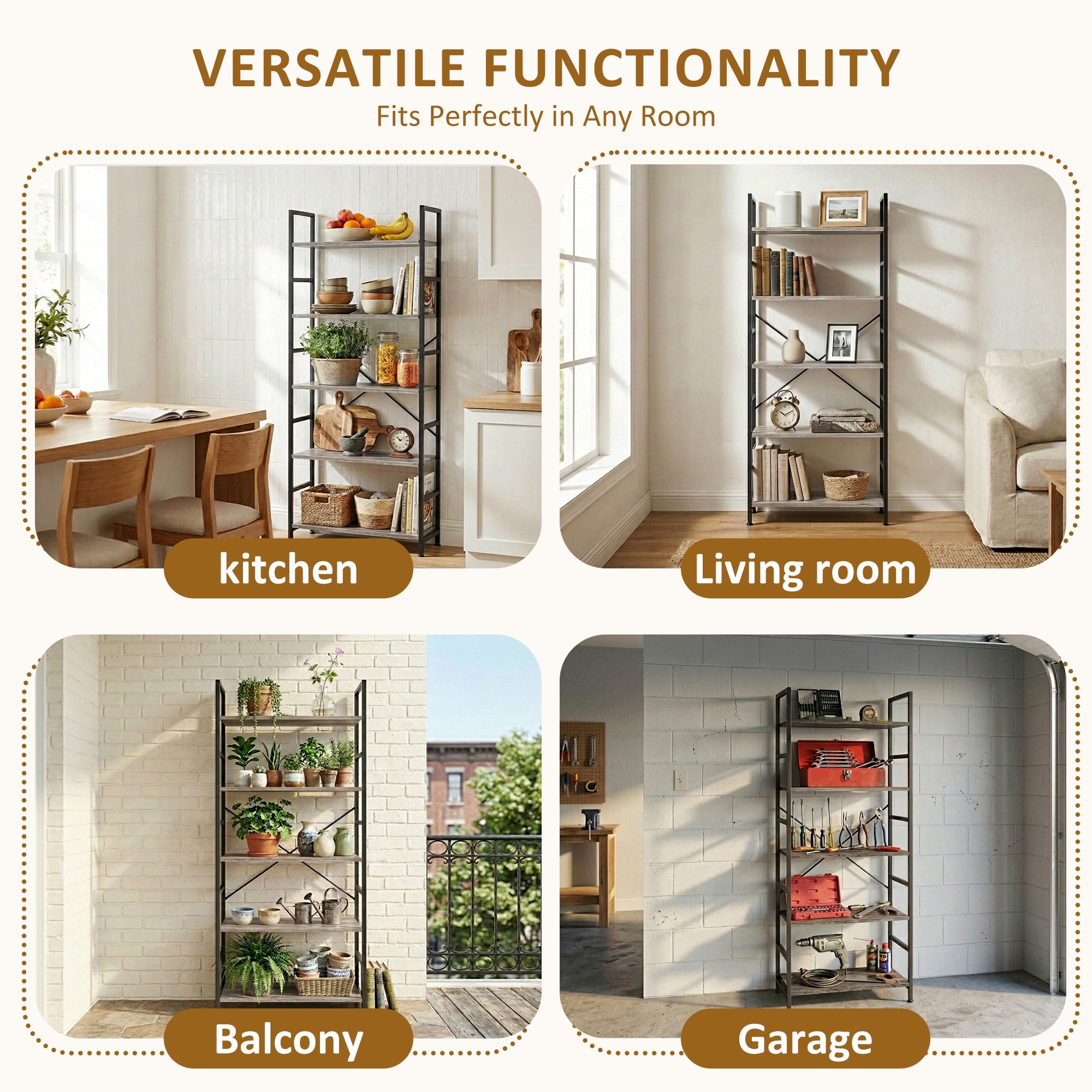 Atilioo 5 Tiers Bookcase, Heavy Durty Bookshelf Storage Organizer, Tall Display Shelves for Bedroom, Living Room, Gray