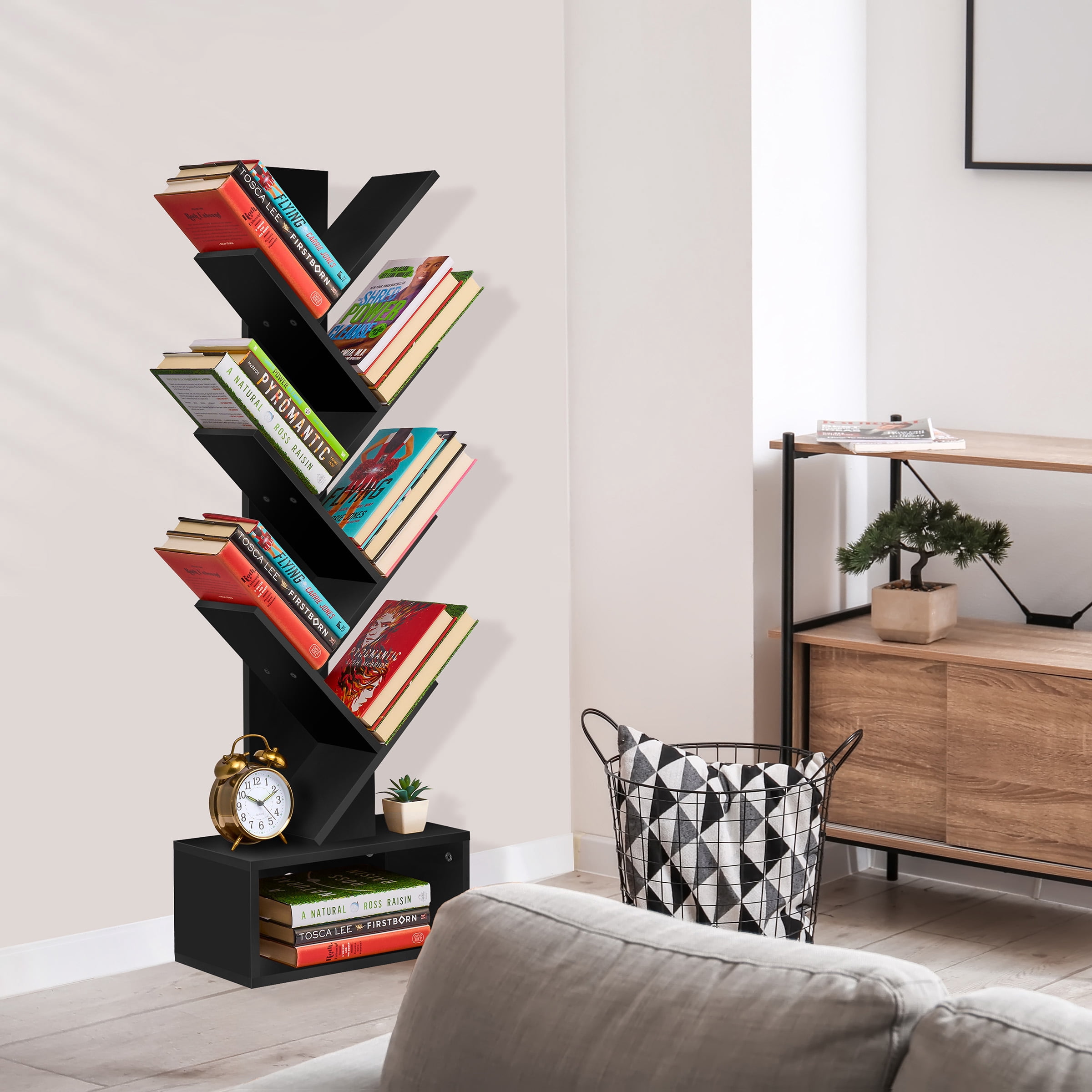 Sorbus 7-Tier Zigzag Bookcase with Drawer, Space-Saving Organizer, Black