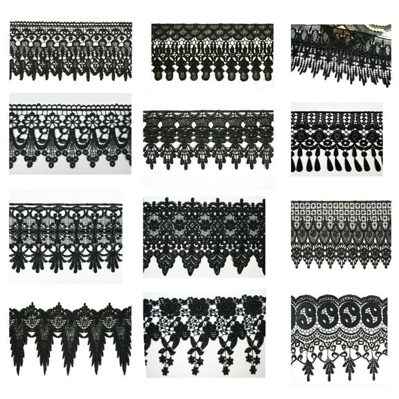 3",4", 4.5",4.75",5", 5.75",5 1/8", 6",7.5" Embroidered Black Venice Lace Trim