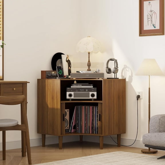Corner Record Player Stand with Charging Station, 2-Tier Cabinet & Storage Shelves