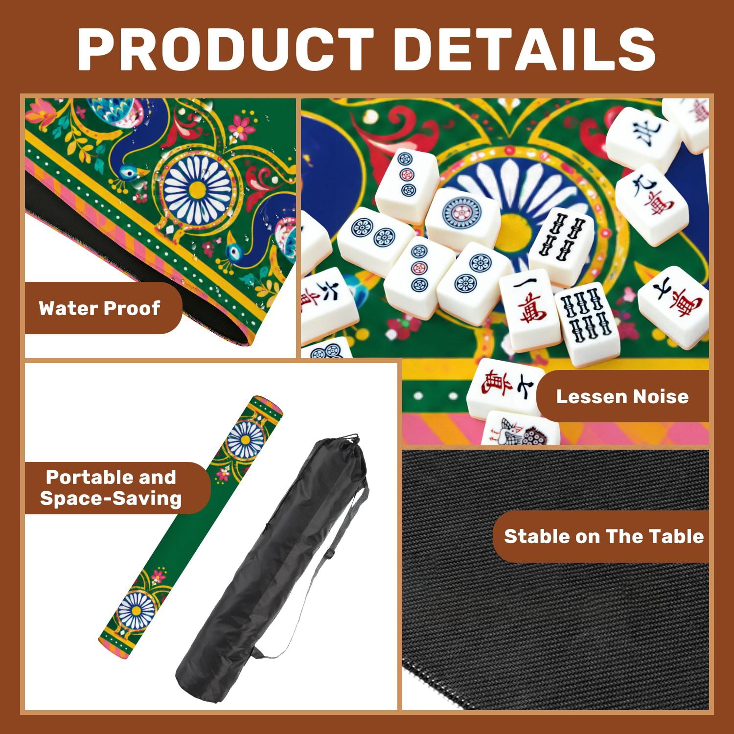 Mahjong Mat 31.5" x 31.5" Abstract Floral Peacock Motifs Vibrant Colors Non-Slip Noise Reduction Mahjong Tiles Table Cover for Dominoes Poker Card Board and Tile Games