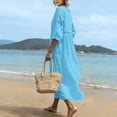 thumbnail image 5 of VBVC Women's Cotton Linen V Neck Midi Dress , Ladies' Hollow Out 3/4 Sleeve Swing Tunic , Casual Summer Beach Vacation Dresses For Women,Blue,XS-5XL, 5 of 9