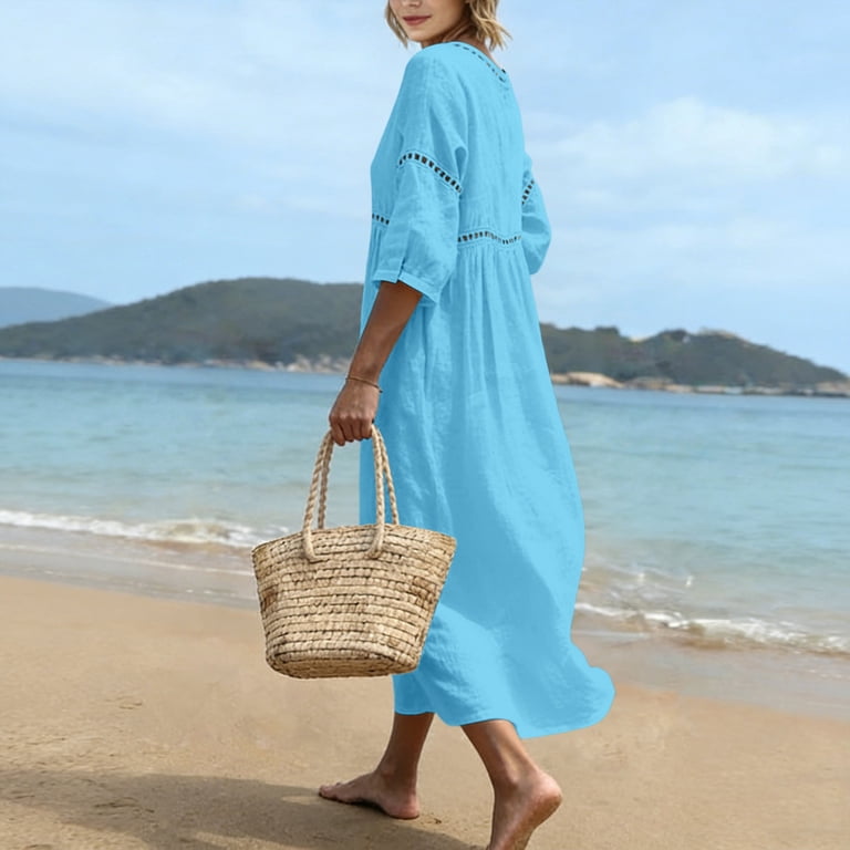 cotton sun dresses plus size lcziwo Women's Plus Size Cotton Sundresses 3/4 Sleeve V Neck Lace Trim Dress Flowy Ruched Summer Beach Maxi Dresses Blue,XXXL, Size: 3XL