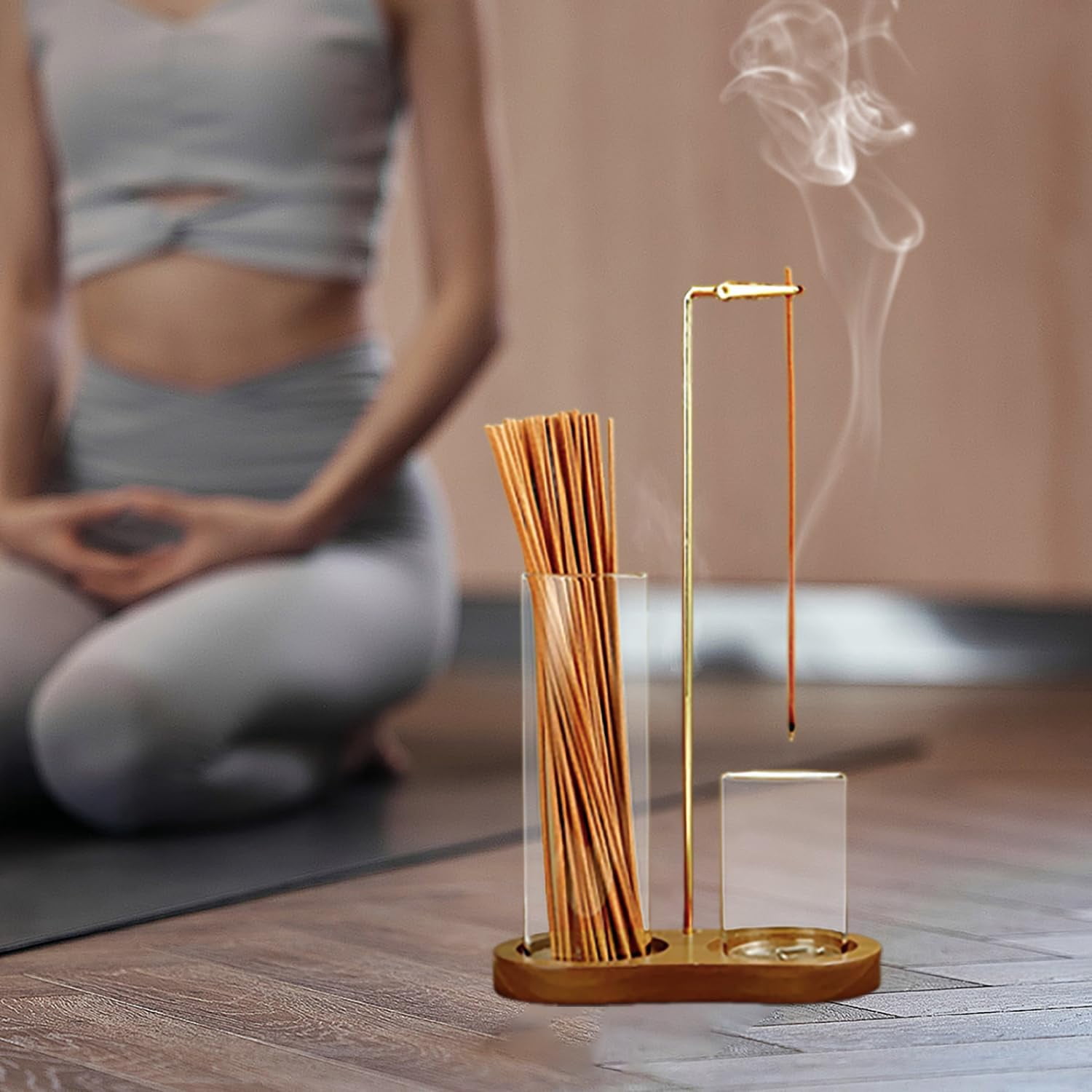 2-in-1 Incense Holder and Ash Catcher with 4.3oz Glass Jar, Dark Bamboo Base , Meditation Accessories for Yoga, Spa, Home Decor