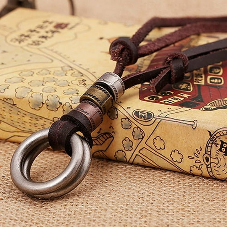 AYYUFE Men Leather Cord Double Circle Ring Pendant Necklace AYYUFE Men Leather Cord Double Circle Ring Pendant Necklace