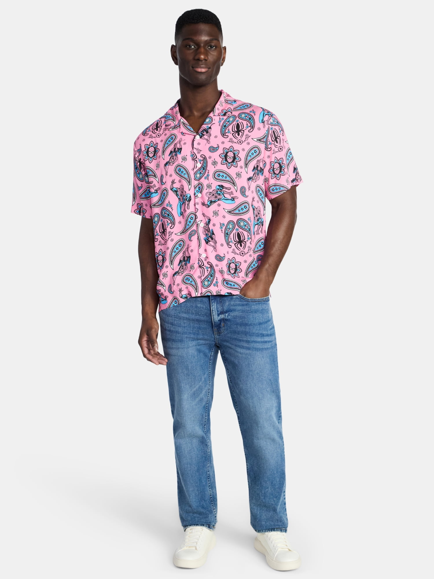 Spider-Man Men's and Big Men's Paisley Peter Graphic Button-Up Shirt, Sizes S-3XL