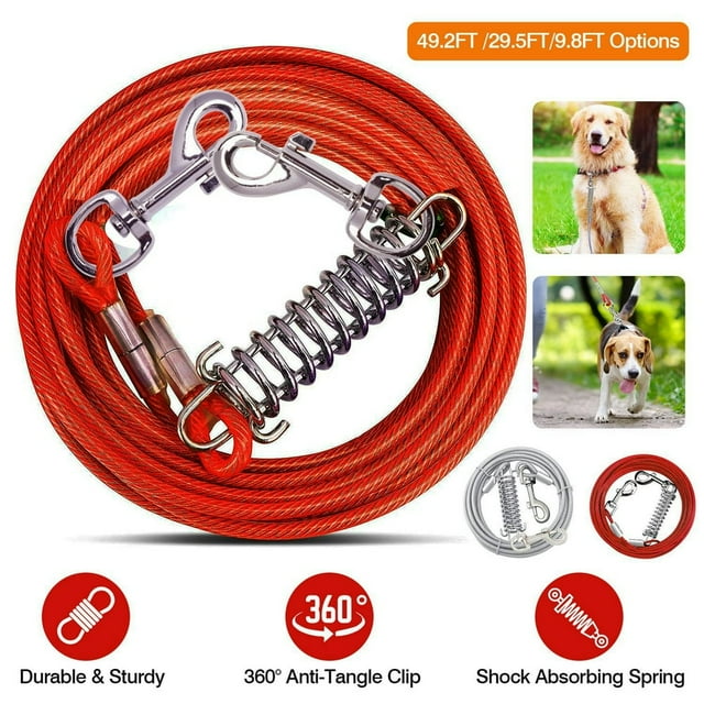 9.8FT Dog Tie Out Cable Long Dog Leash Chew Proof Lead Dog Chain with Durable Spring 360° Rotatable Clips PVC Case for Outside Yard Camping Red