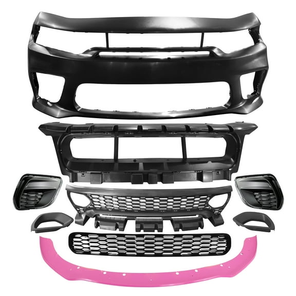 Ikon Motorsports Front Bumper Conversion W/ Pink Lip Compatible With 2015-2023 Dodge Charger Widebody Style Front Bumper Cover & SRT Style Upper Grille & Lower Grille & Foglight Covers