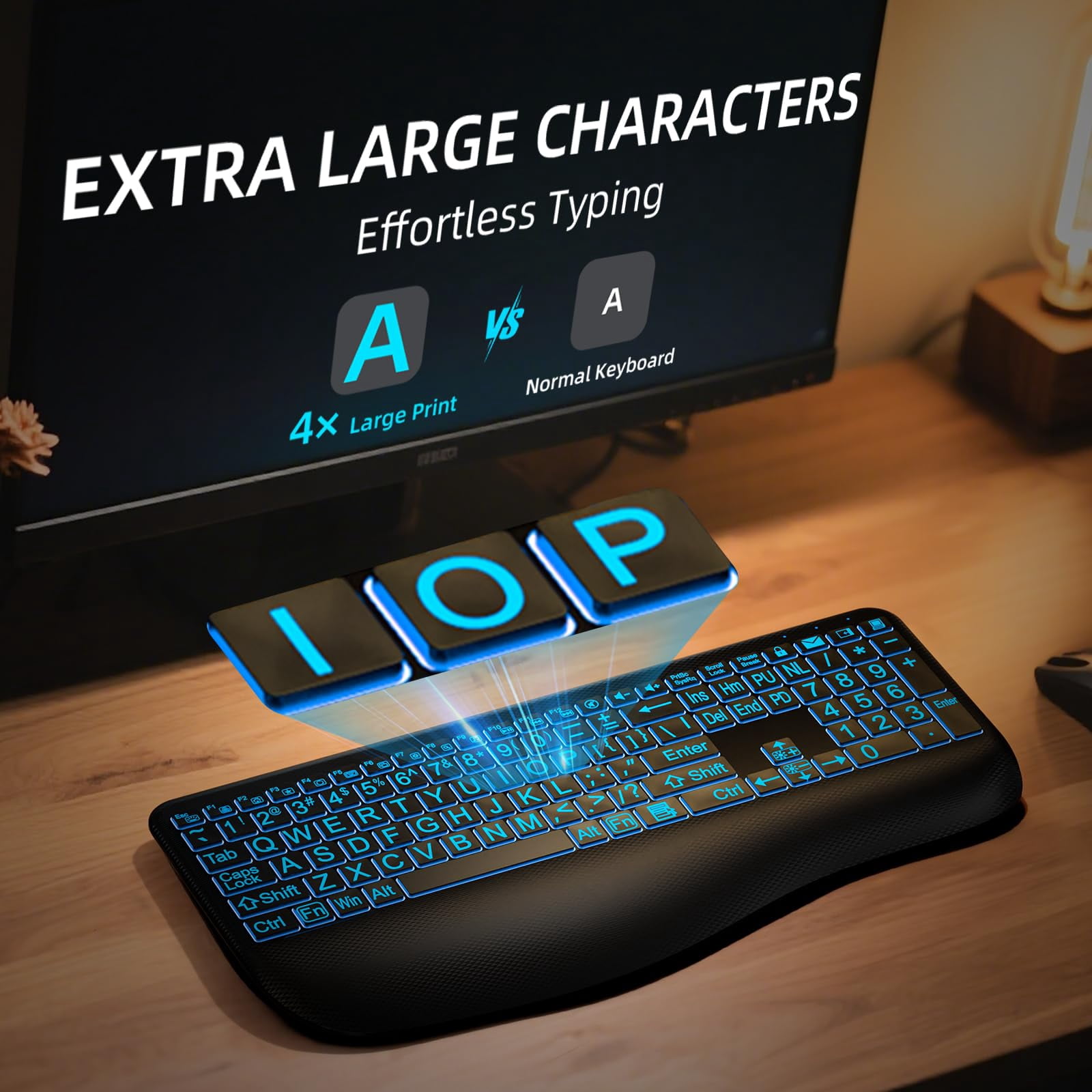 GEAK Large Print Wireless Keyboard, Full-Size Ergonomic Keyboard with Wrist Rest for Computer Keyboards, Rechargeable Silent Keyboard Gaming with 7-Color Backlit Light up Keys for Laptop Mac Windows