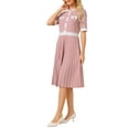 thumbnail image 4 of Women's Short Sleeve Pleated Dress 2025 Trendy Contrast Color Casual Work A-Line Midi Dresses M Pink, 4 of 5