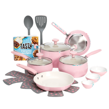16 Piece Non-Stick Aluminum Cookware Set, Pink