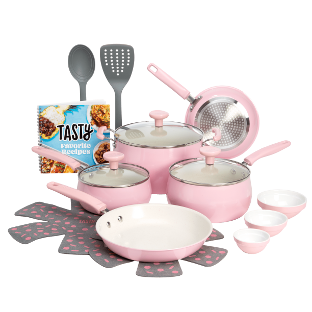 Tasty Clean Ceramic 16 Piece NonStick Aluminum Cookware Set, Pink