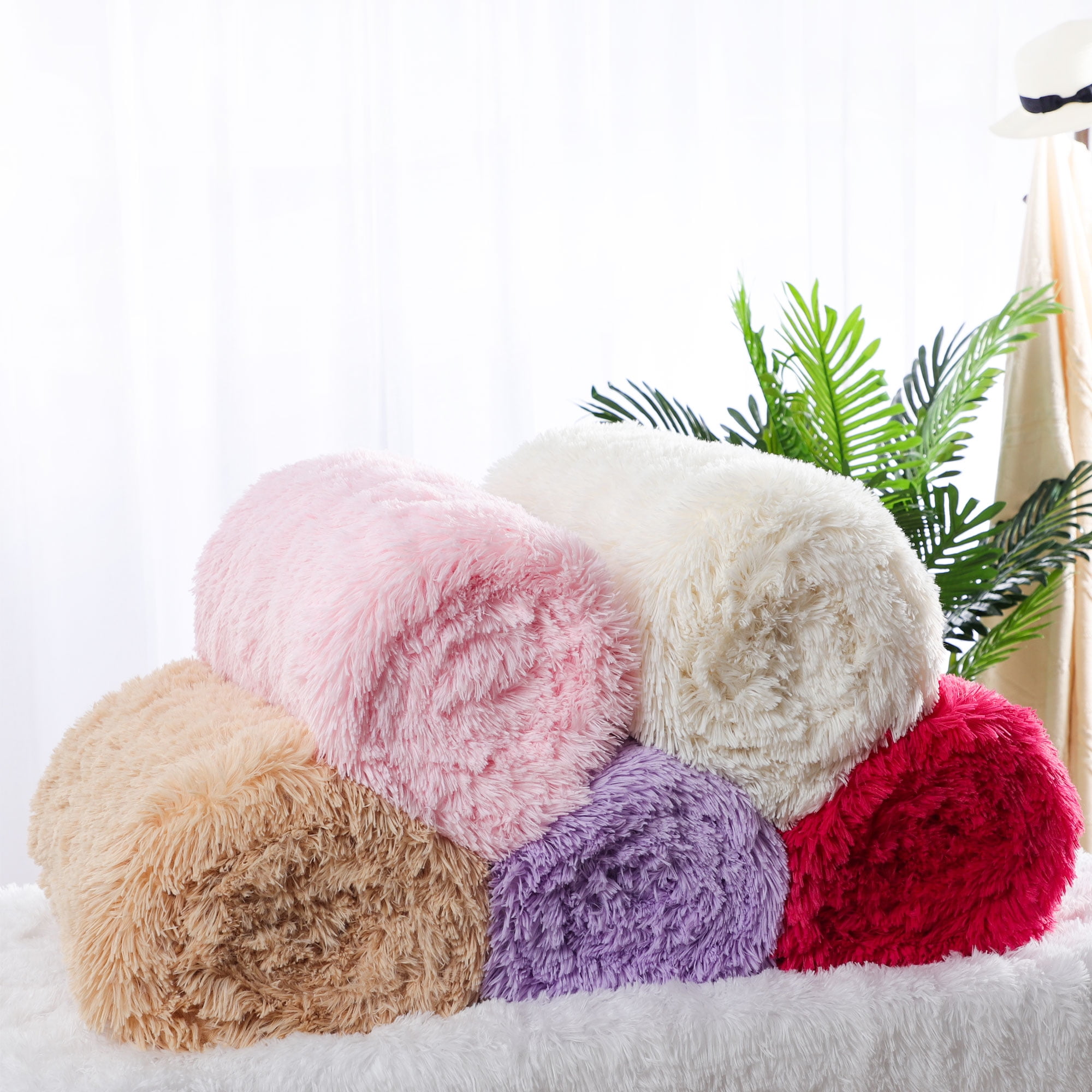 PiccoCasa Shaggy Faux Fur Blanket Queen Size Pale Pink 78x90 inch