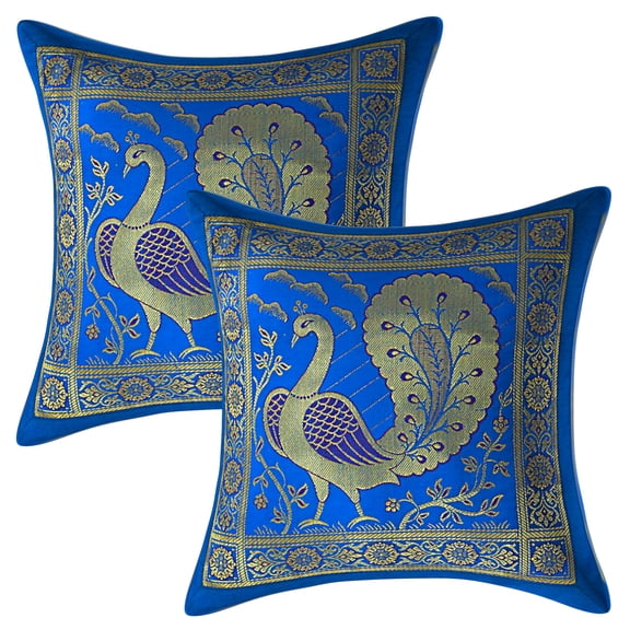 Stylo Culture Indian Decorative Sofa Brocade Turquoise And Gold Throw Pillow Covers 12x12 Jacquard Weave Banarasi Outdoor Pillow Slipcovers Dancing Peacock Floral 30x30 cm Cushion Covers (Set Of 2)