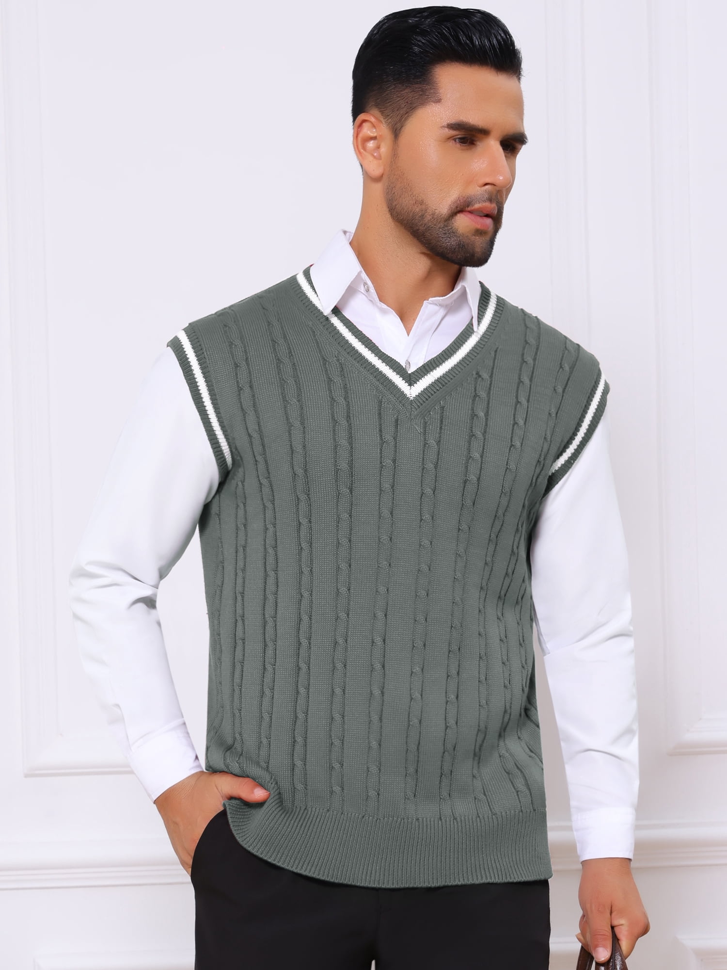 DARING DIVA Men's Solid Color V-Neck Sleeveless Cable Knitted Sweater Vest M Dark Gray
