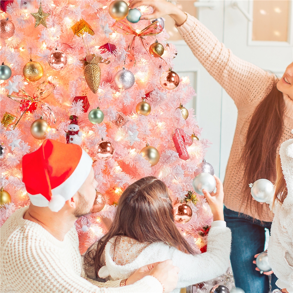 Alden Design 7.5 Ft Pre-lit Flocked Christmas Tree with Warm Lights, Pink