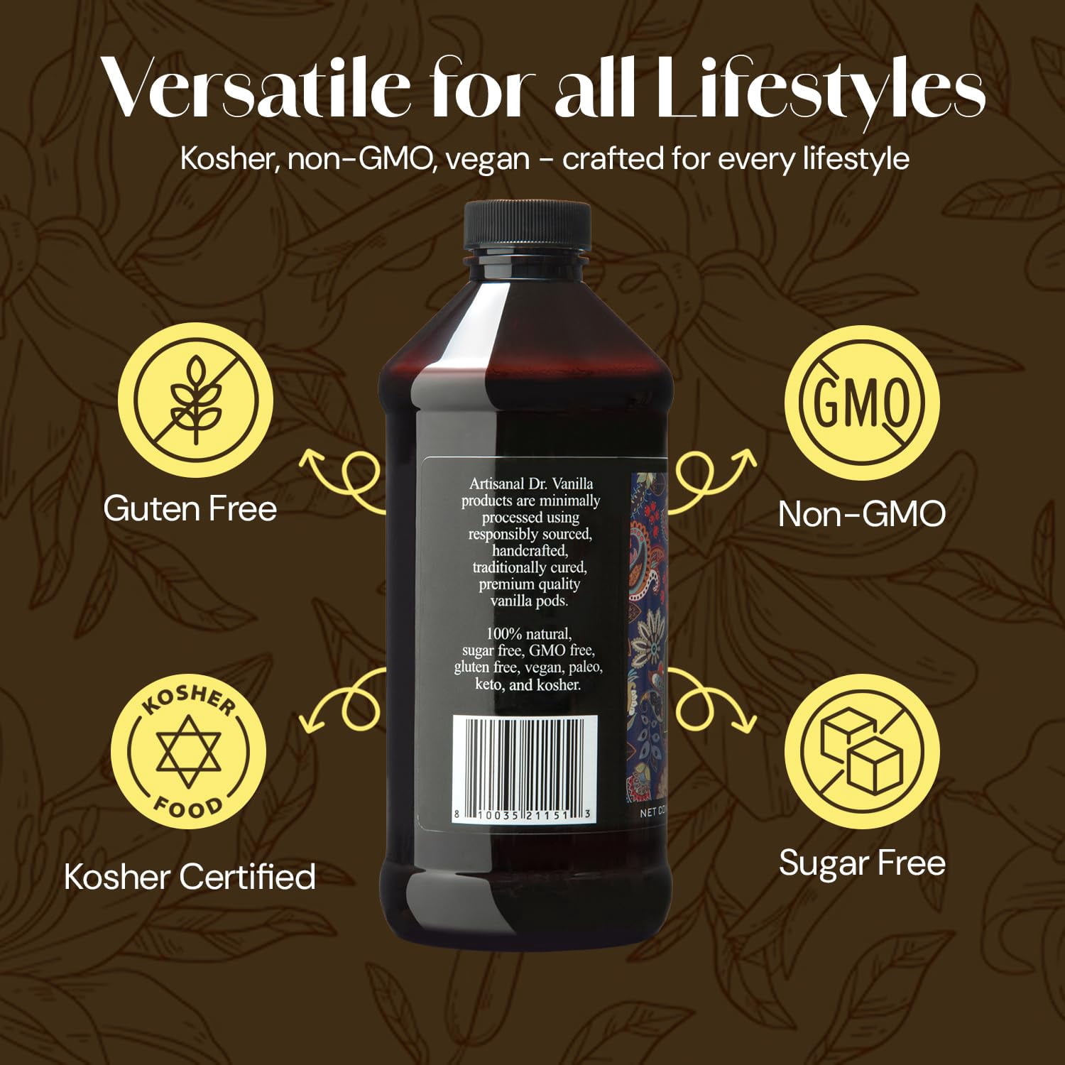 Organic Alcohol-Free Natural Vanilla Extract for Baking, Sweet Drinks and More, Handcrafted from Madagascar Bourbon Vanilla Pods, Halal Certified, 16 Oz Bottle