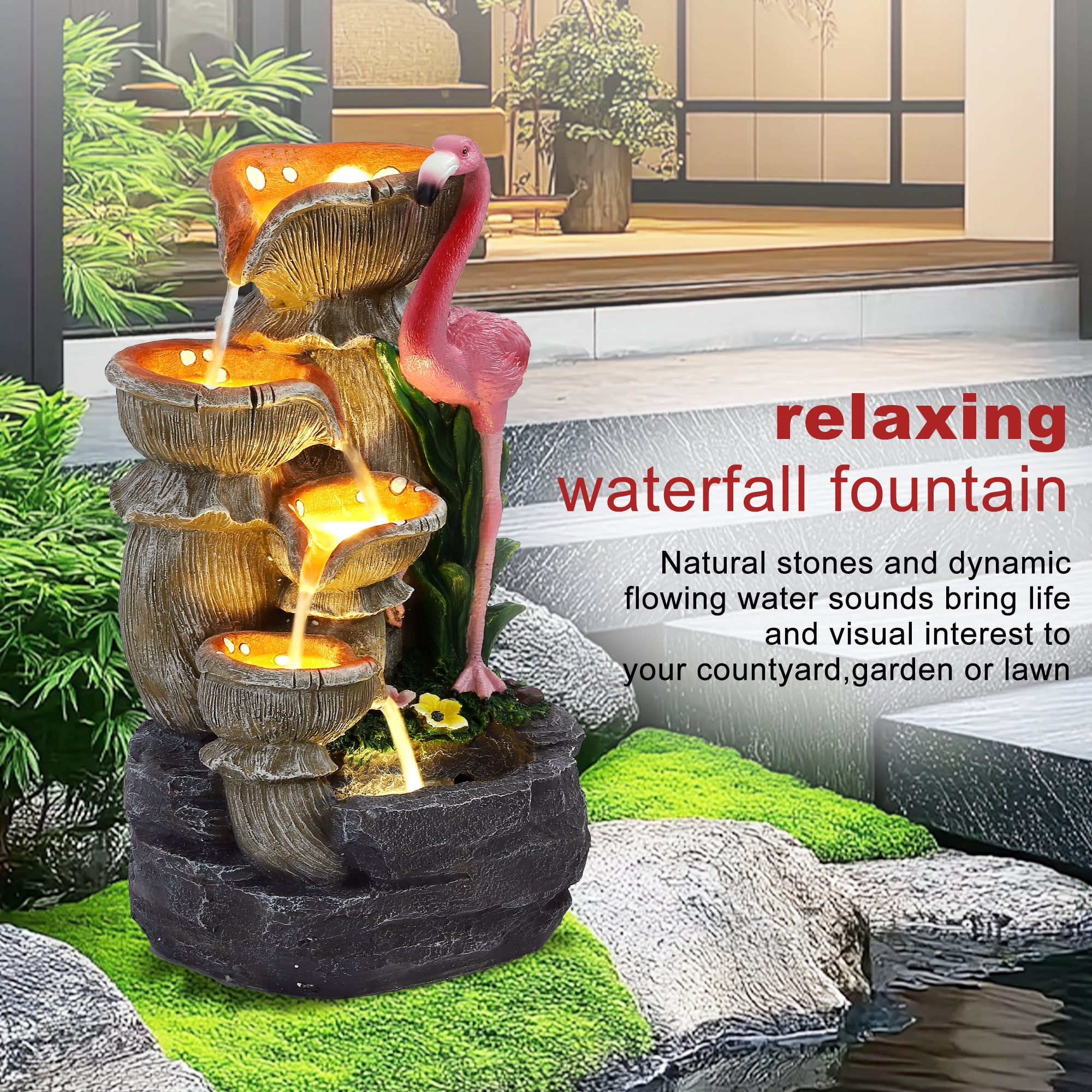 Haverchair 5 Tier Outdoor Flamingo Rock Fountain with Running Water, Bird Decorative Art with 5 LED Lights for Garden, Backyard and Porch, 24.4" H Cascading Stone Fountain