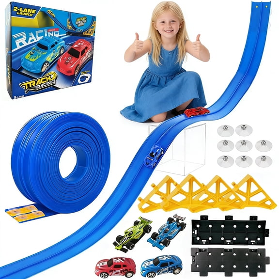 Berallo Flexible Race Track Slot Car Track 16.4ft DIY Flex Car Ramp Set for Kids Ages 3  (Blue)
