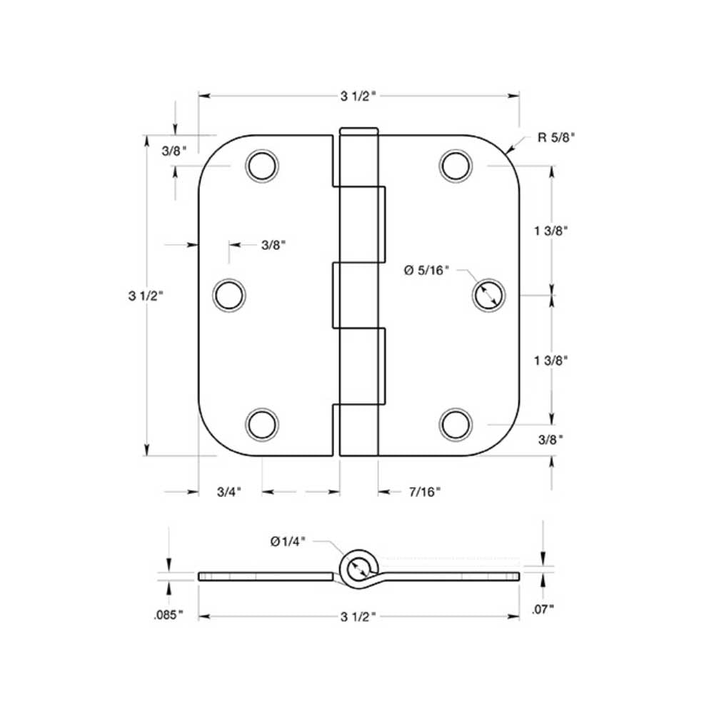 Deltana S35R515 3-1/2" x 3-1/2" x 5/8" Radius Hinge; Residential Thickness; Satin Nickel Finish