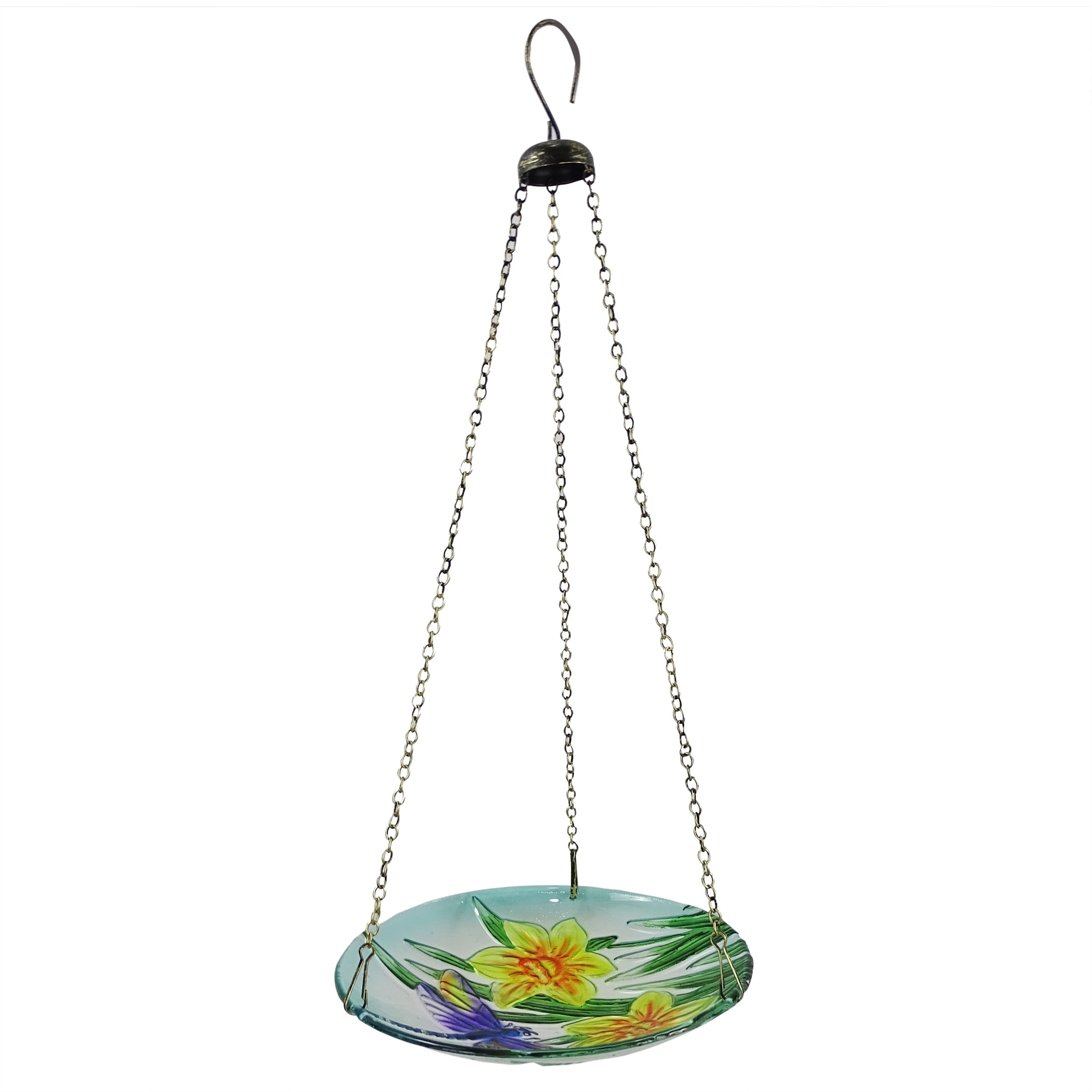 Alpine Corporation Hanging Glass Bird Feeder with Flowers & Dragonfly, Multicolor